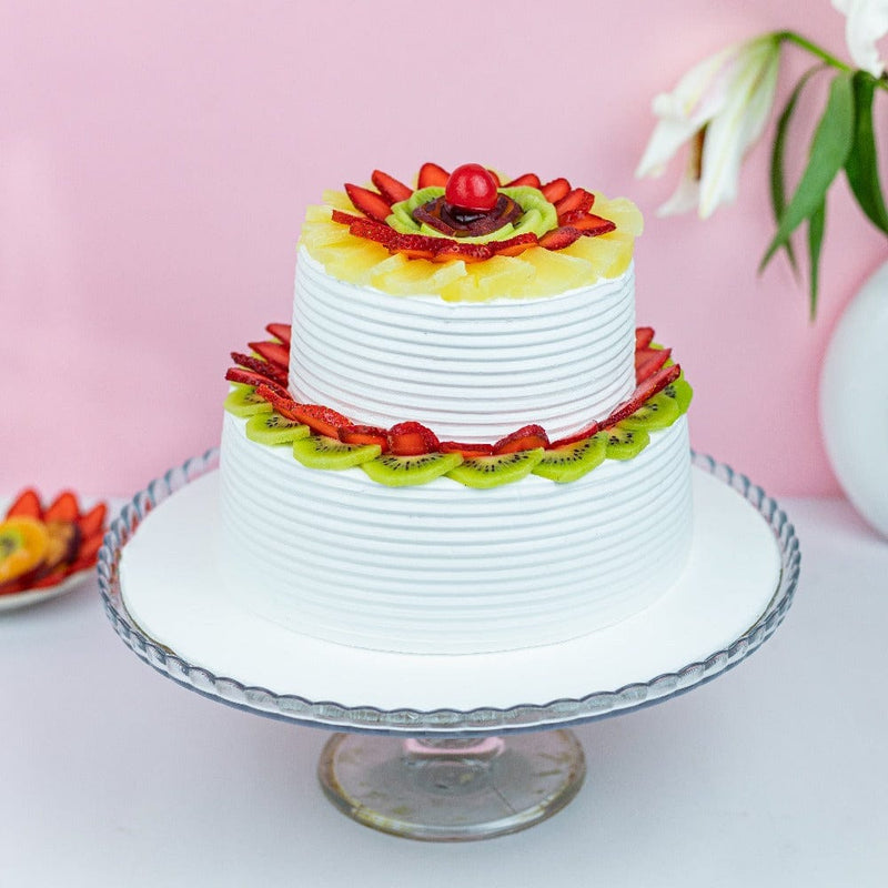 2253) 2 Tier Wedding cake with Burlap & fruit - ABC Cake Shop & Bakery