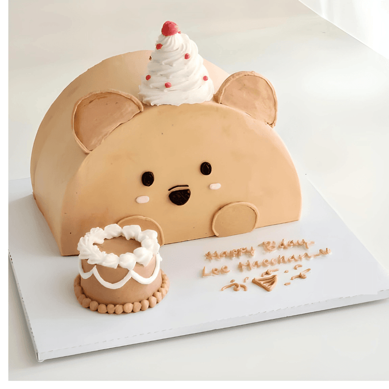 Teddy Bear Cake With Flowers And Macarons