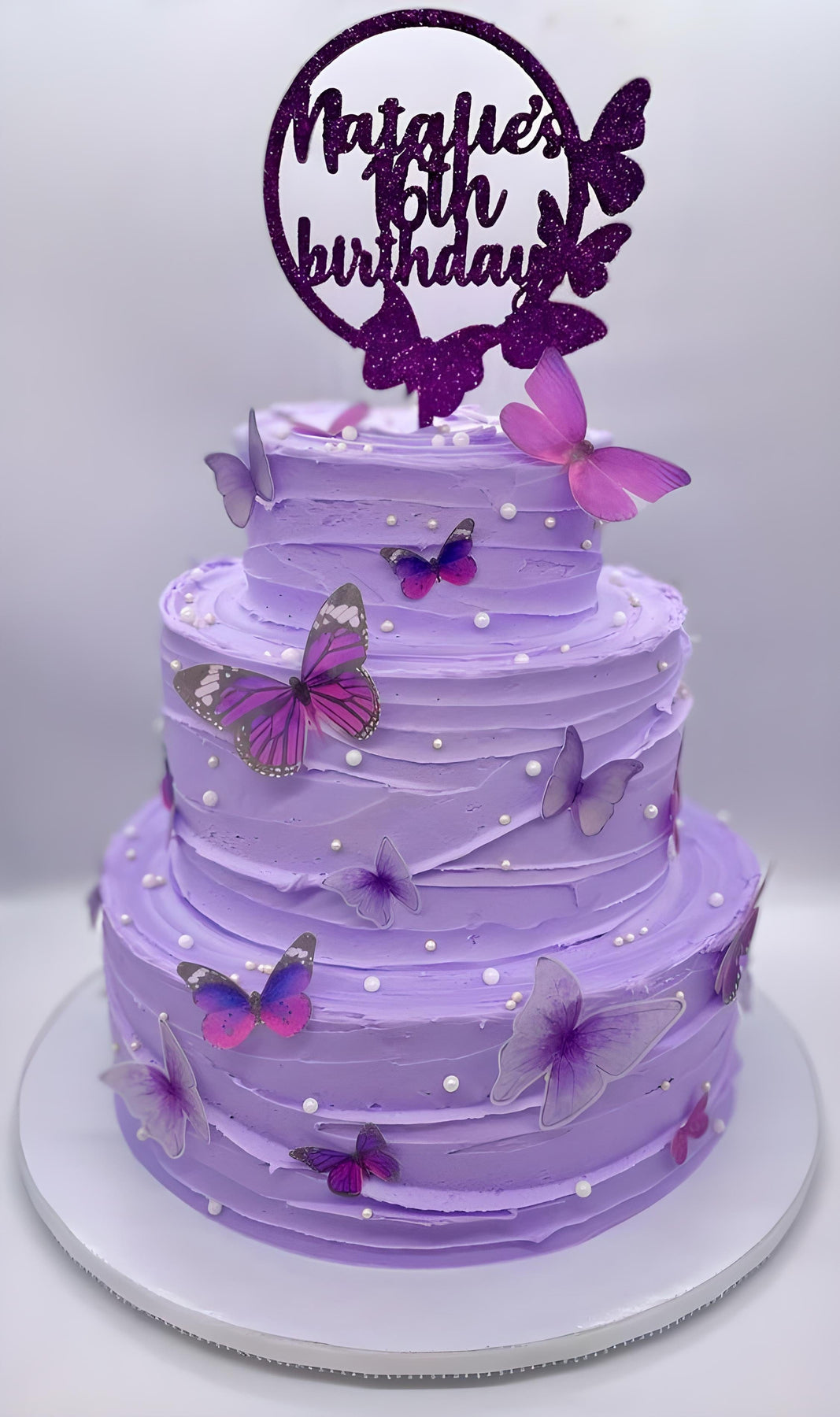 3 Tier Wedding Cake with Pink  Purple Fondant Flowers